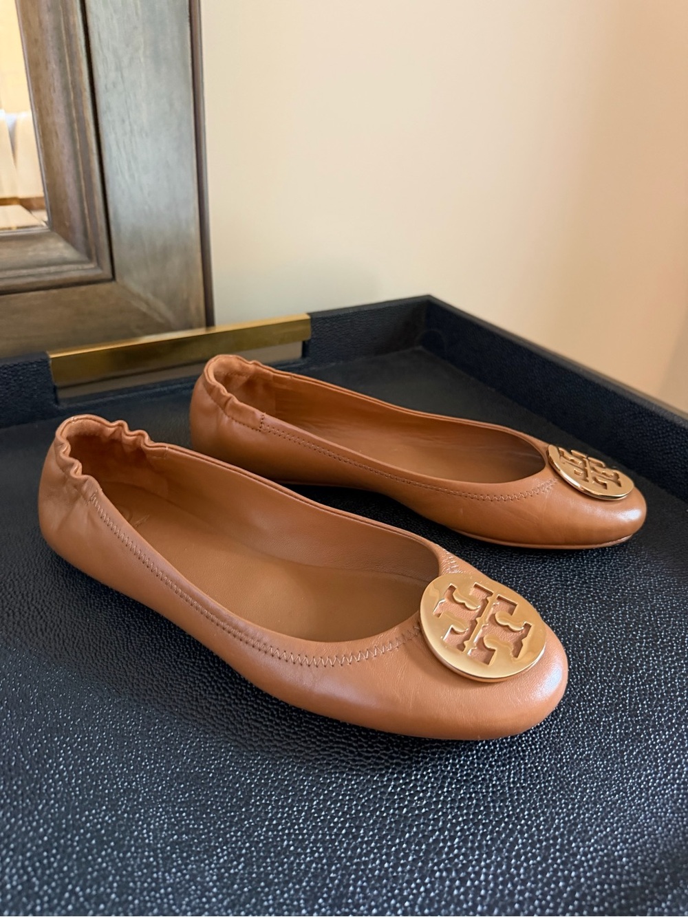 Tory Burch Brown Leather Ballet Flats with Gold Logo Medallion - Picture 2 of 6